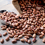 An overflowing burlap sack of  pinto beans next to a metal scoop