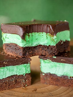 A close up of mint chocolate fudge brownies